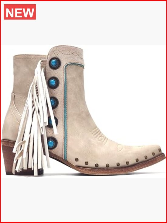 Shoes - Fringe Studded Cowboy Ankle Booties with Turquoise Stones